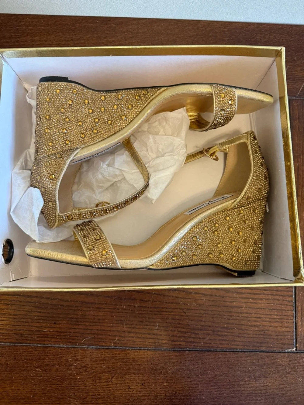 Lady Couture Kloe Gold Embellished‎ Wedge Sandal with Ankle Strap NEW